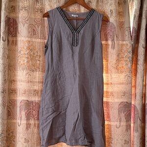 Lina Tomei Gray Linen Sleeveless Sheath Dress with Embellished Neckline